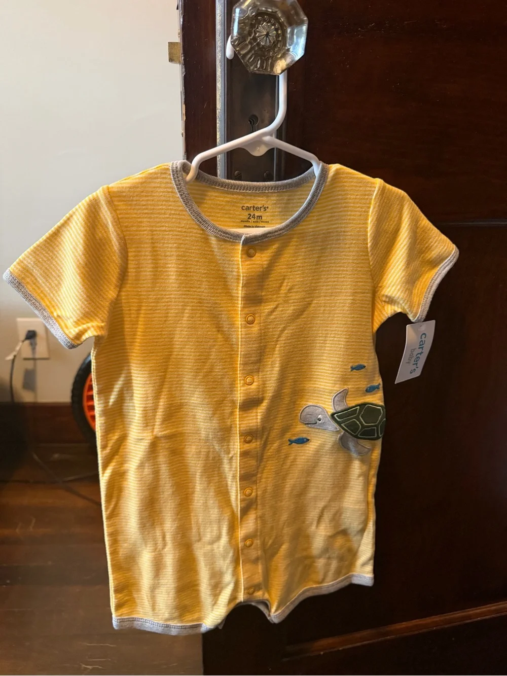 Carter's Yellow Short Sleeve Romper with Turtle Applique